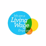 Living Wage Employer logo: 'We are a Living Wage Employer' text on colourful overlapping circles.